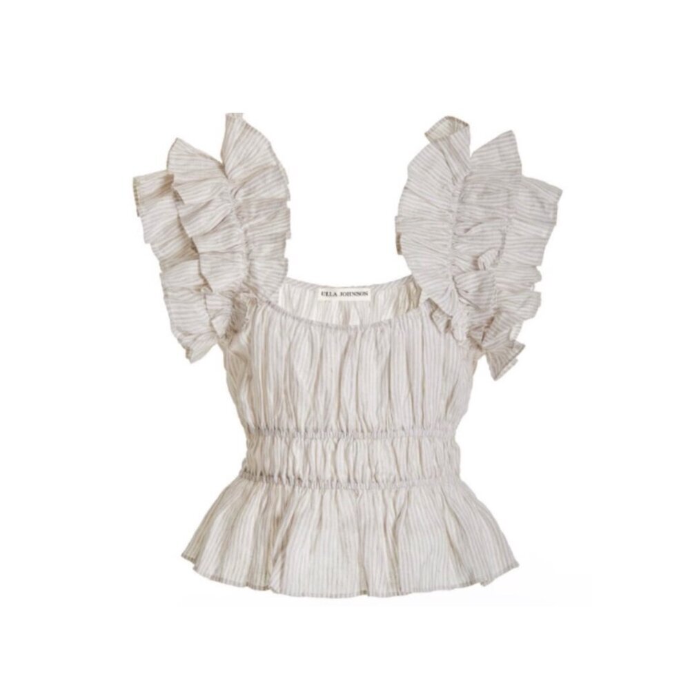 Ulla Johnson Paloma Ruffled Peplum Linen Top Neutral Sand - Picture 7 of 12
